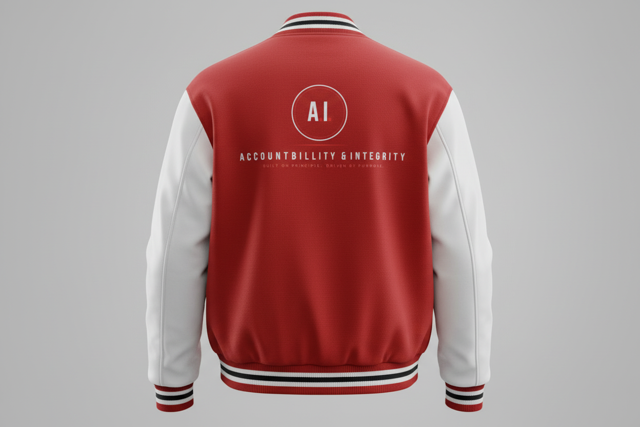 A.I. Accountability & Integrity Varsity Jacket – Red/White
