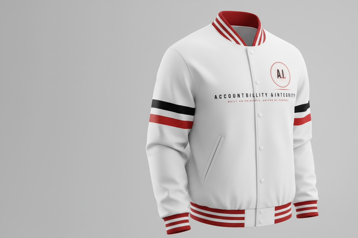 A.I. Accountability & Integrity Varsity Jacket – White/Red