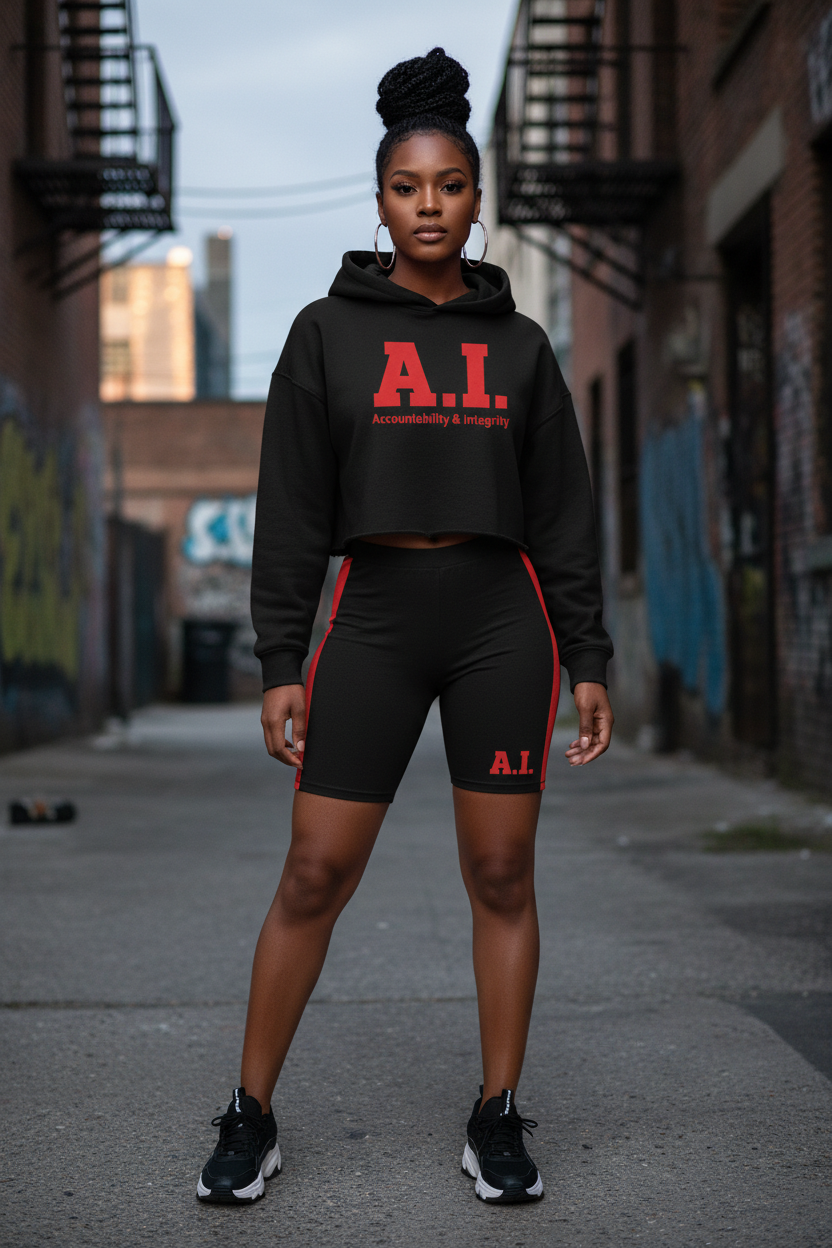 A.I. Women's Crop Hoodie & Biker Shorts Set – Black/Red
